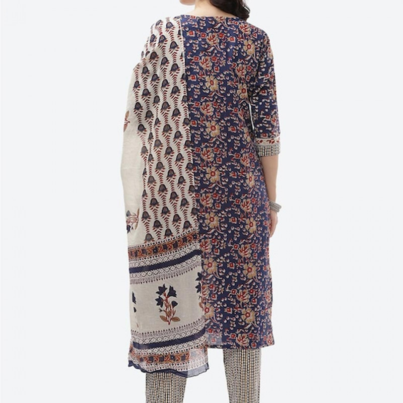 Blue and off white printed unstitched dress material